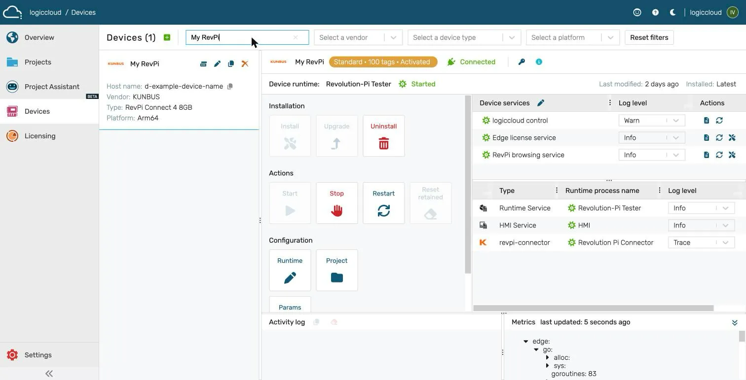 RevPi device in the logiccloud portal